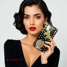 Load image into Gallery viewer, Black and gold iPhone case with bow &quot;La Belle&quot; by PURITY
