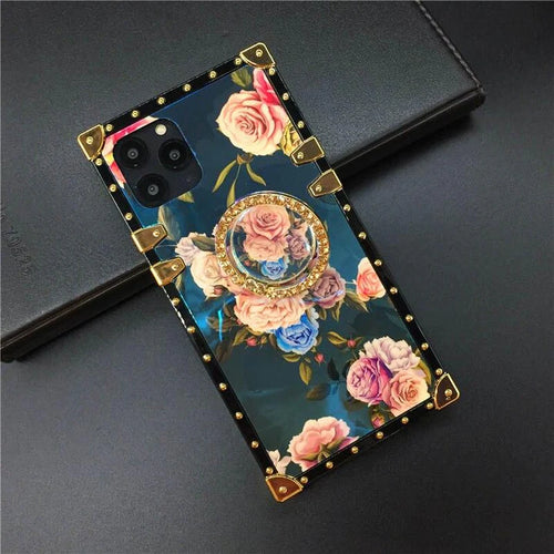 Luxury Flower Geometric Pattern Square Leather Phone Case For